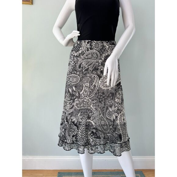 Y2k Briggs New York Black & White Paisley Flowy Boho Style Midi Skirt size PM - Picture 1 of 8